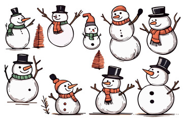 Cheerful cute happy snowmen in cap and scarf set. sketch hand drawn vector illustration isolated on white background