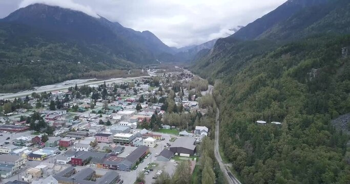 Alaskan City in the Mountains, Skagway Alaska, Aerial Tilt up