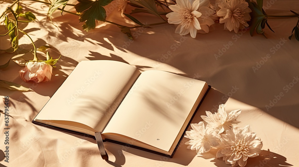 Poster mock up of a magazine pen and floral shadows on a beige background with empty area. mockup image