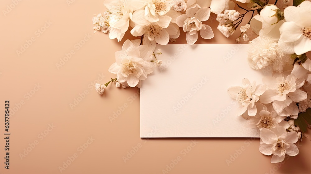 Poster mockup of summer wedding stationery with solid color cards and invitations on beige background adorn