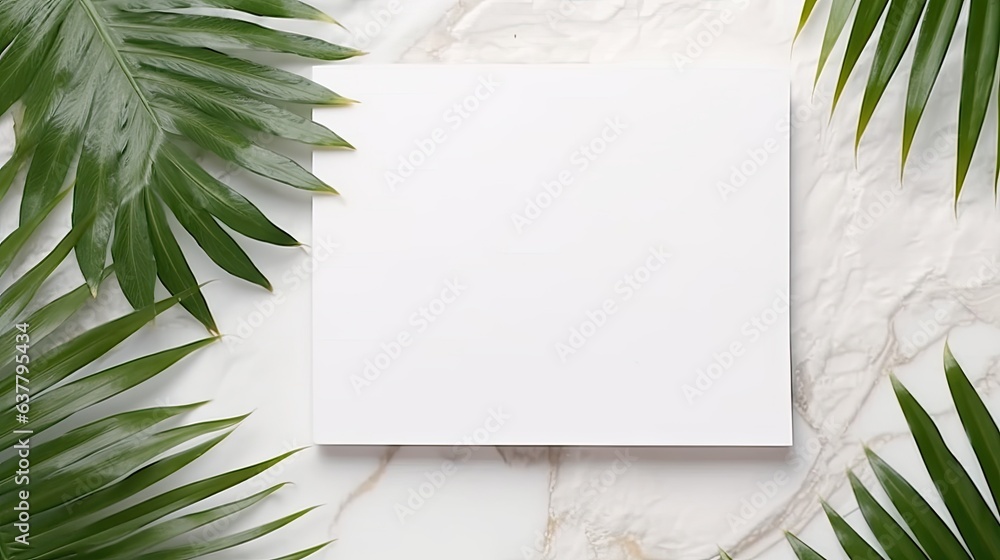 Poster minimalist brand template with blank card on marble background adorned with a dried palm leaf. mocku