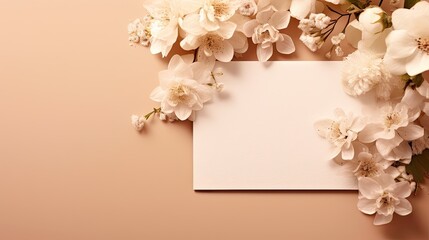 Mockup of summer wedding stationery with solid color cards and invitations on beige background adorned with white flowers Includes natural light and shadow overl