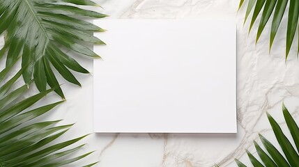 Minimalist brand template with blank card on marble background adorned with a dried palm leaf. Mockup image