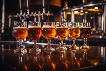 Craft Beer Elegance Glasses of Artisanal Brews Arranged on Wooden Bar. created with Generative AI