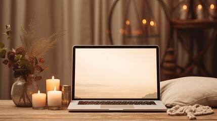 Aesthetic boho styled home interior design template featuring a laptop computer on a table illuminated by candles and a floor lamp Includes mockup copy space and