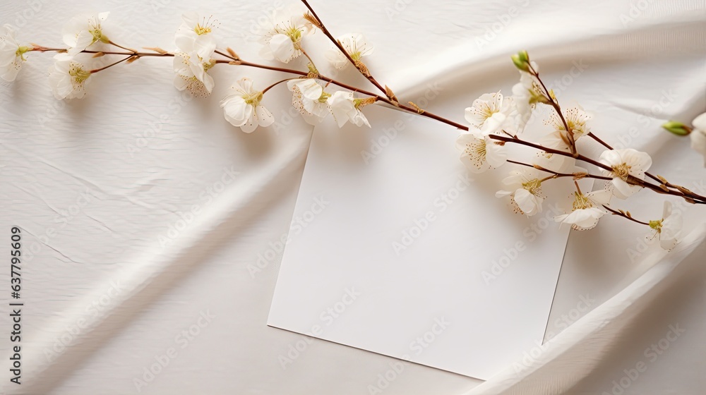 Poster neutral background with floral branch and copy space card wedding and birthday invitation template f