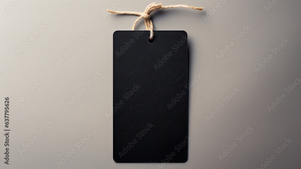 Aufkleber blank black paper label made from recycled kraft paper hanging on white table background representin