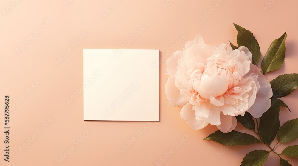 Poster peony flower with shadows on peach background minimalist brand template. mockup image