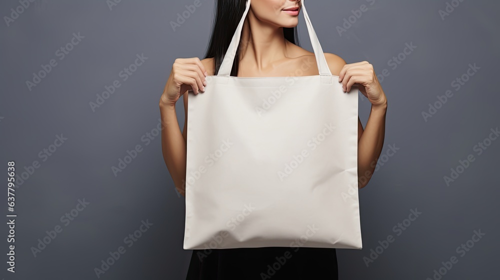 Aufkleber girl holds empty canvas bag on gray background. mockup image