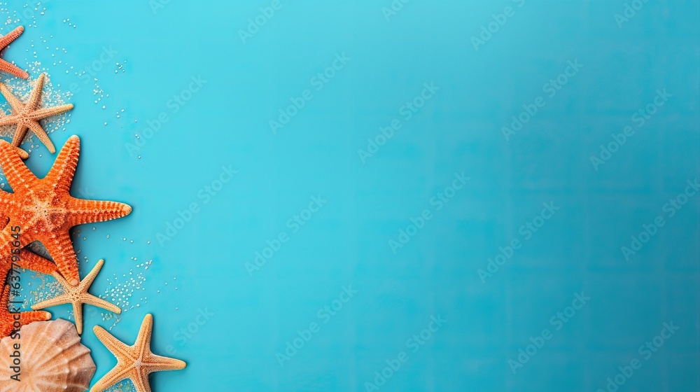 Aufkleber Table with blue background featuring starfish and empty space for text evoking a vacation and summer theme. Mockup image