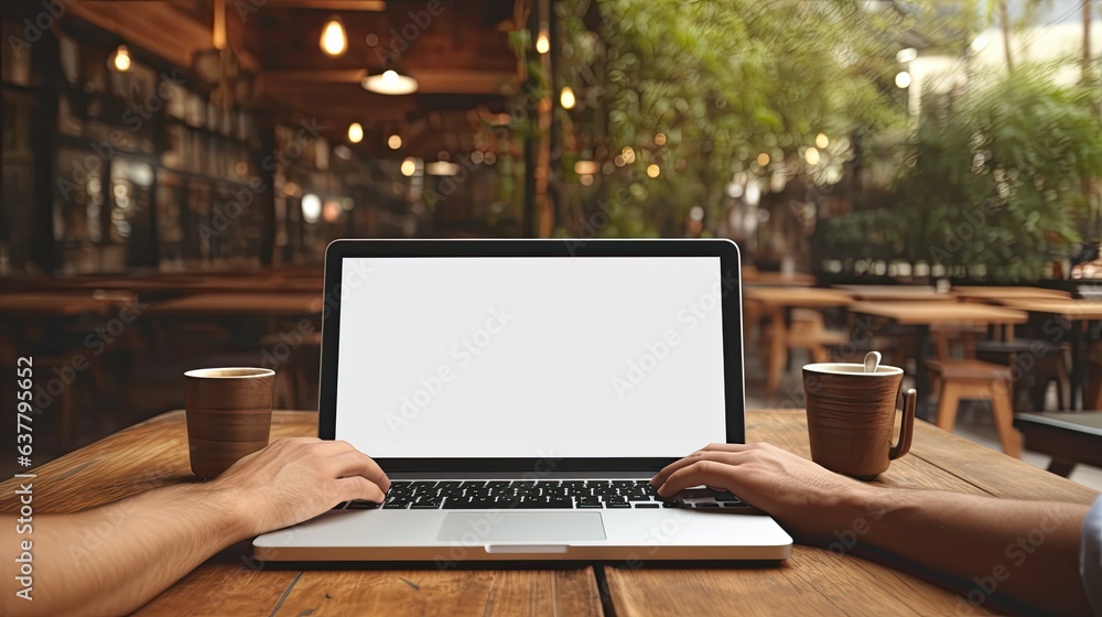 Leinwandbilder a photo of a hand using a laptop with a blank screen on a wooden table in a cafe. mockup image