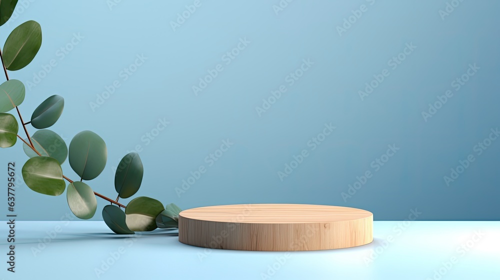 Poster wood slice podium with eucalyptus leaves and shadows on blue background 3d render minimal concept ad