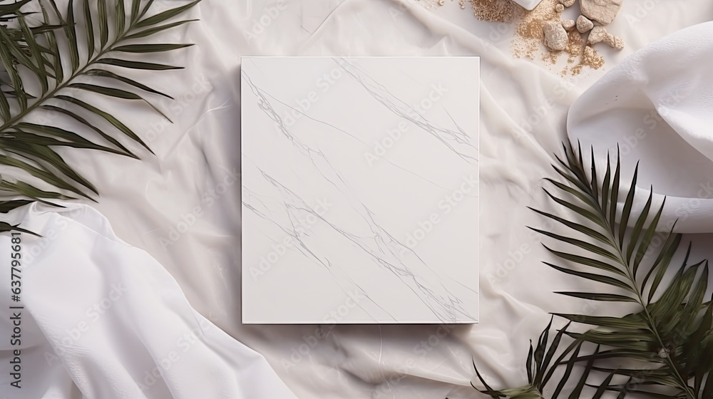 Poster minimalist brand template with blank card on marble background adorned with a dried palm leaf . mock