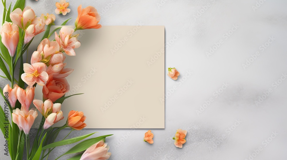 Poster Mockup of a greeting card with flowers and envelope on a concrete background suitable for branding and advertising