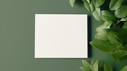 Top view of a blank card mockup on a green background with sunlight and shadow Neutral colored minimal business brand template