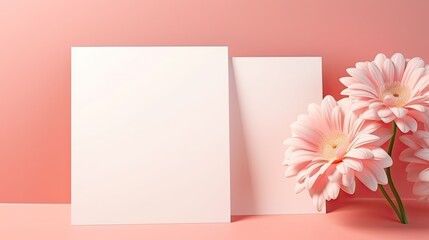 Minimal business brand template featuring gerber flowers and aesthetic sunlight shadows on a pink background. Mockup image