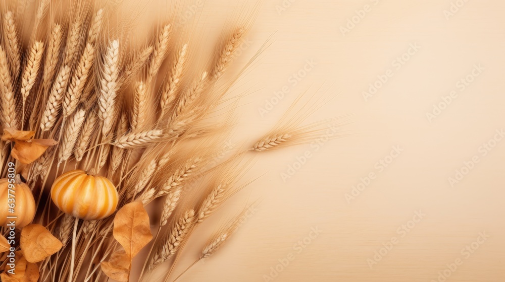 Aufkleber small pumpkins and dried grass autumn or holiday concept with blank space top view . mockup image