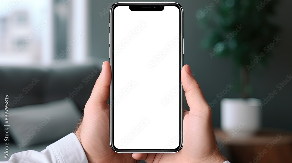 Aufkleber white empty space on a cell phone screen being used by a man on a sofa at home. mockup image