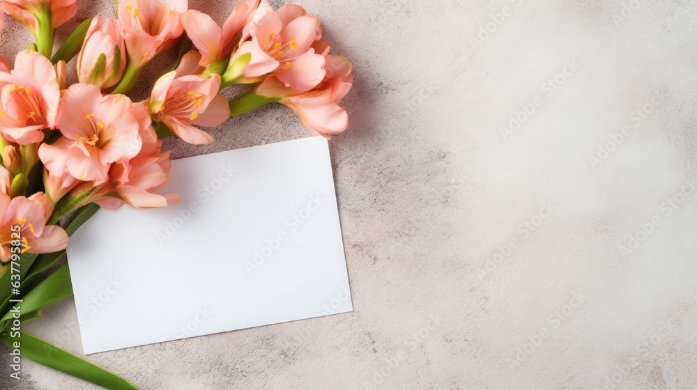 Aufkleber Mockup of a greeting card with flowers and envelope on a concrete background suitable for branding and advertising