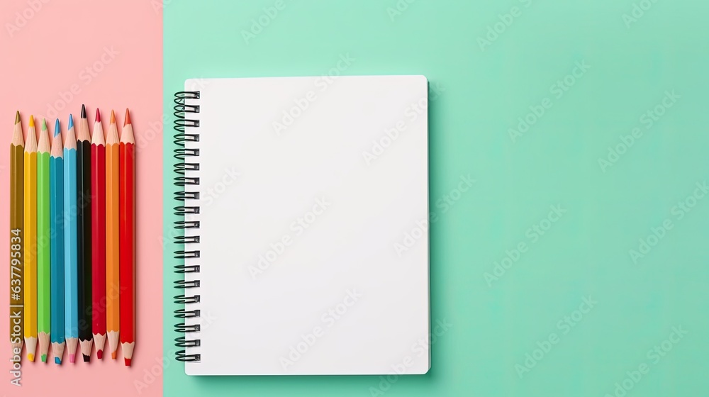 Aufkleber top view of blank white paper notebook and colored pencils on pastel green background suitable for p