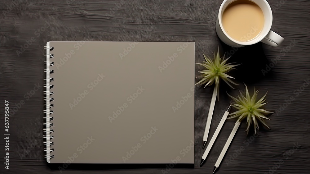 Poster flat lay top view of a mockup office desk with a white book 2022 diary computer keyboard and plant a