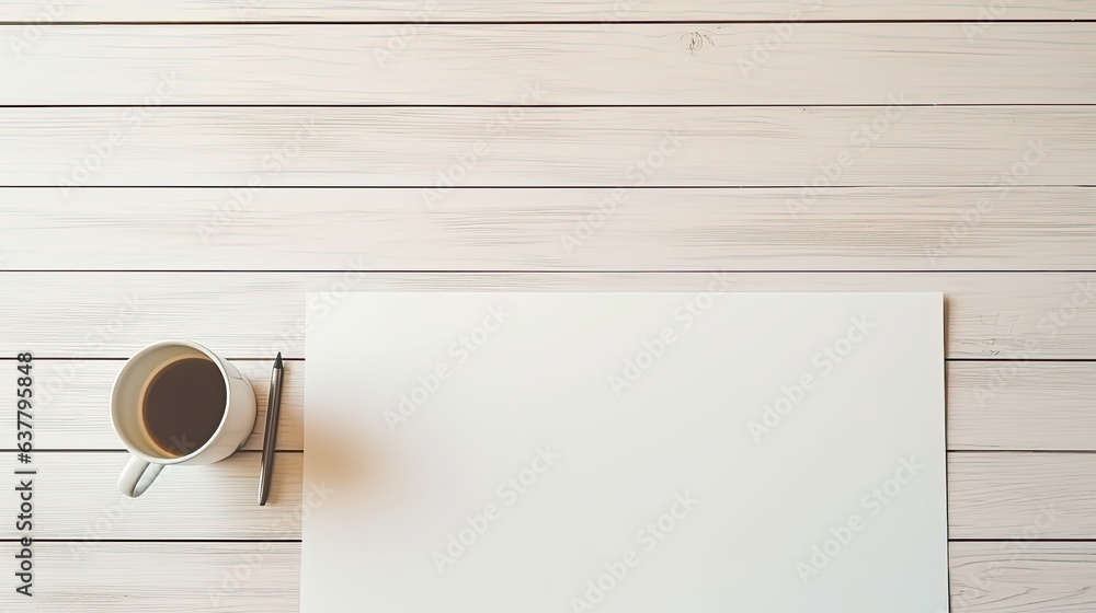 Poster front view of a white desk with copy space supplies and a coffee mug. mockup image