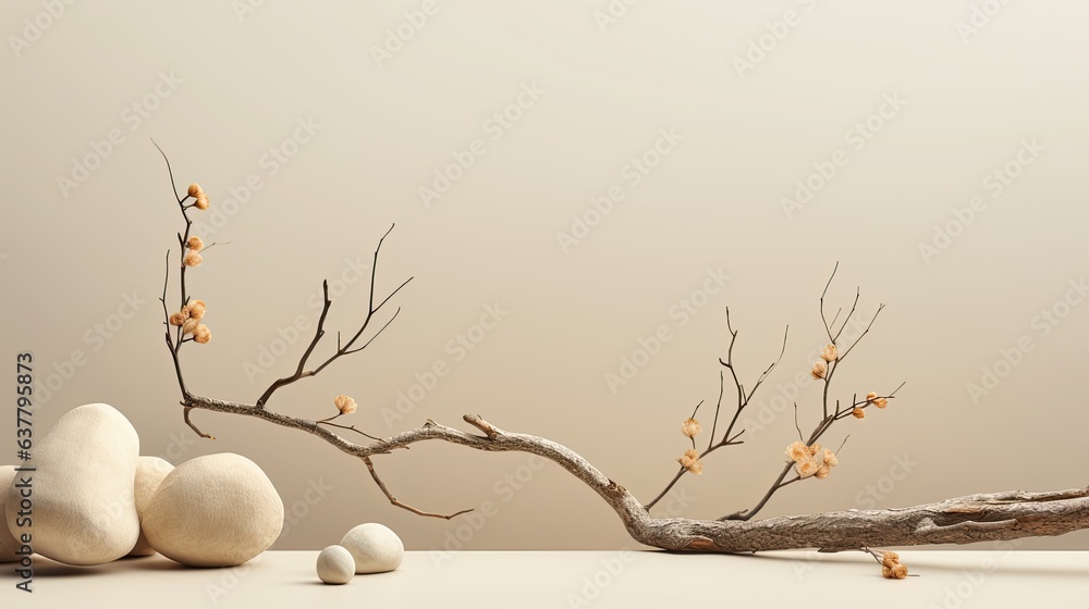 Poster neutral background with stones branch and natural colors ideal for beauty product branding and packa
