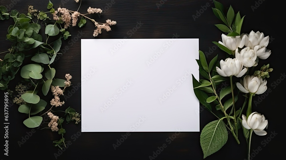 Poster minimalist branding template with mockup space on black table aesthetic boho design overhead view of