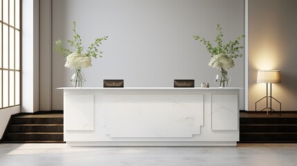 White and plain surface at reception area for branding purposes in a hotel s indoor registration desk table. Mockup image