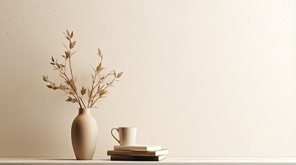 Eucalyptus branch in a modern vase coffee and old books on wooden table Empty mockup of beige wall Elegant living room with Scandinavian minimalist d