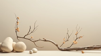 Neutral background with stones branch and natural colors ideal for beauty product branding and packaging Front perspective copy space. Mockup image
