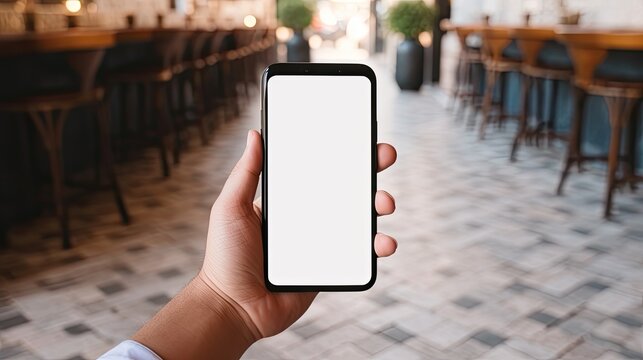 Relaxed person with white canvas shoes holding blank mobile phone in vintage caf . Mockup image