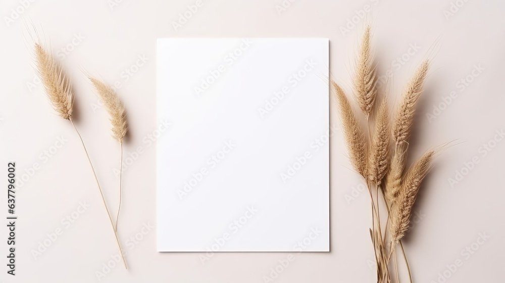 Aufkleber minimal brand template with blank cards dry pampas grass on white background for flat lay . mockup i