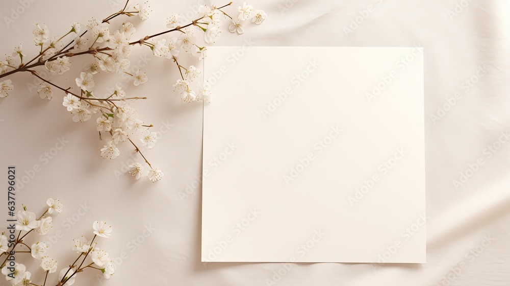 Poster neutral background with floral branch and copy space card wedding and birthday invitation template f