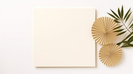 Minimal business brand template with blank card gold stationery and dry leaf on white background . Mockup image