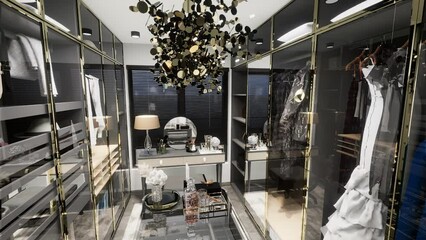 The interior design of a luxury Walk-in closet in a house or apartment. 3D video.