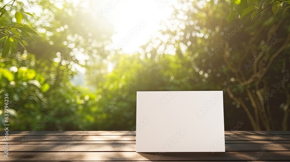 Poster simplistic business branding template with copy space on wooden table . mockup image