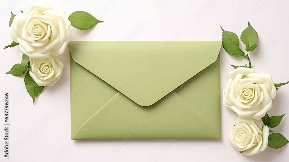 Poster rose flowers on white background with green envelope and copy space. mockup image