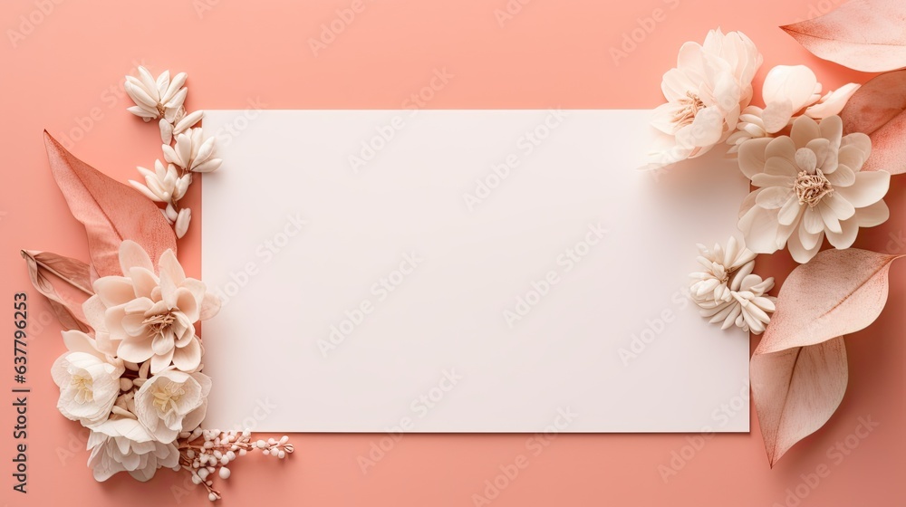 Poster minimal brand template with blank mockup on pastel coral background flat lay top view