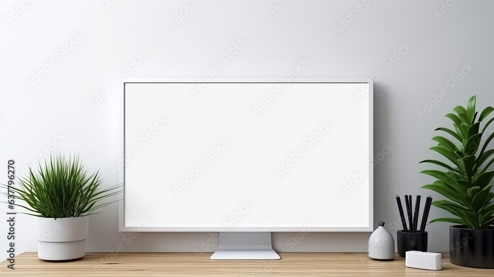 Fototapete minimal office space with computer and blank screen decorated and available for use. mockup image