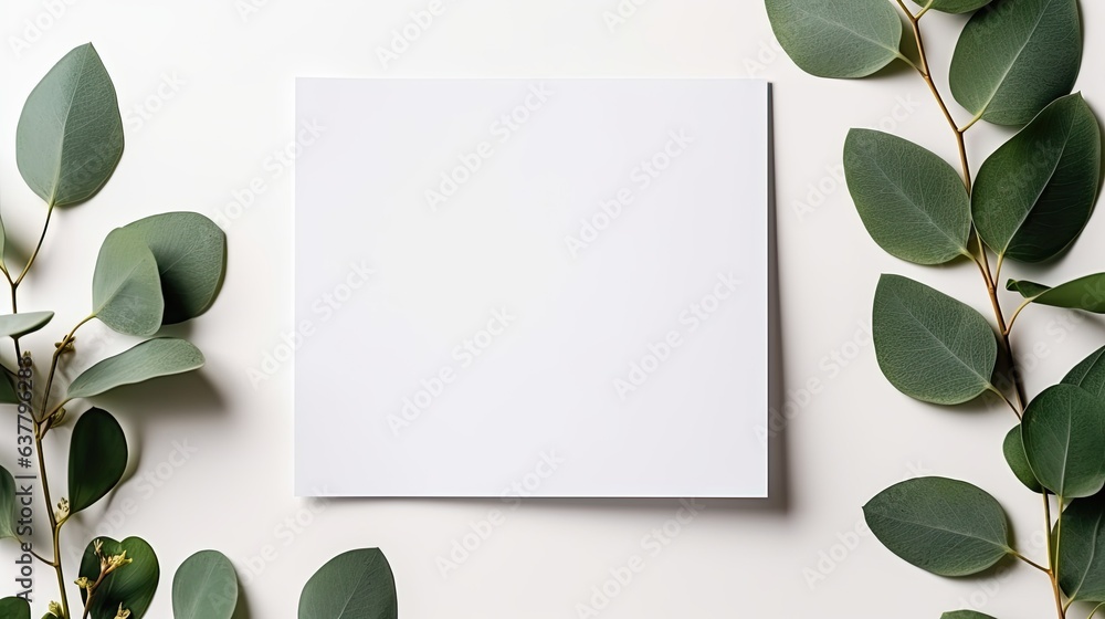 Poster Minimal boho style card with blank space on eucalyptus leaves top view Ideal for business social media and blogs . Mockup image