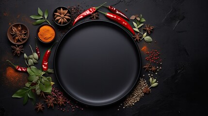 Copy space top view mockup of food photo with empty black plate and spices © HN Works