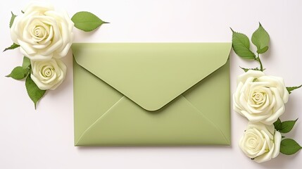 Rose flowers on white background with green envelope and copy space. Mockup image