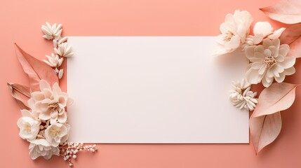 Minimal brand template with blank mockup on pastel coral background Flat lay top view