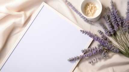 Mockup of a greeting or invitation card with fabric lavender and eucalyptus