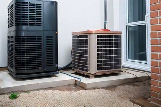 w&auml;rmepumpe auf betonsockel vpr neuem haus co2 niedriger energieverbrauch  generative ki fiktive Szene