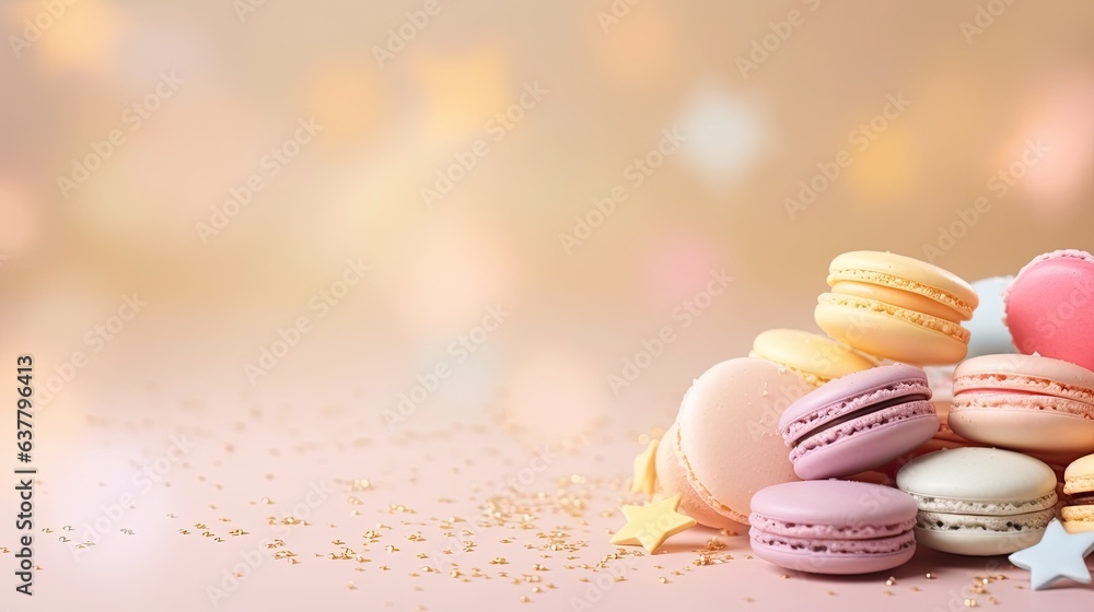 Wall mural Colorful macaroons on a beige background with space for text used for invitations and celebrations . Mockup image - Wall murals