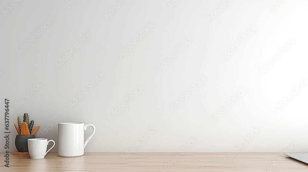 Poster front view of a white desk with copy space supplies and a coffee mug. mockup image
