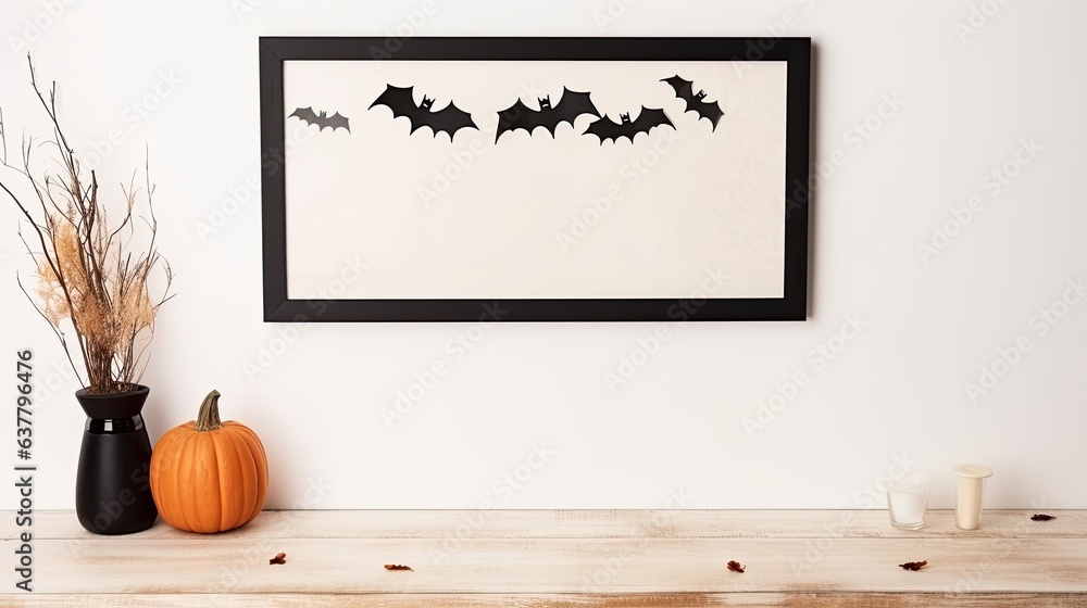Poster Halloween themed display Black frame and rustic wood ghost decor on wood shelf with calendar Portrait frame on white wall with bats Empty area. Mockup image