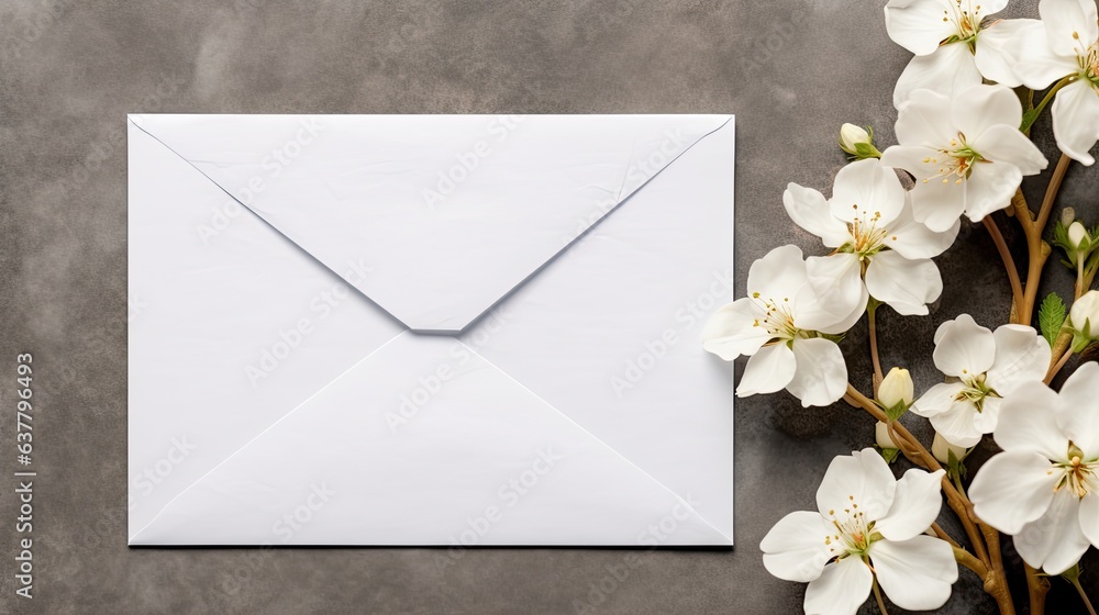 Poster copy space greeting card mockup with flowers and envelope seen from above